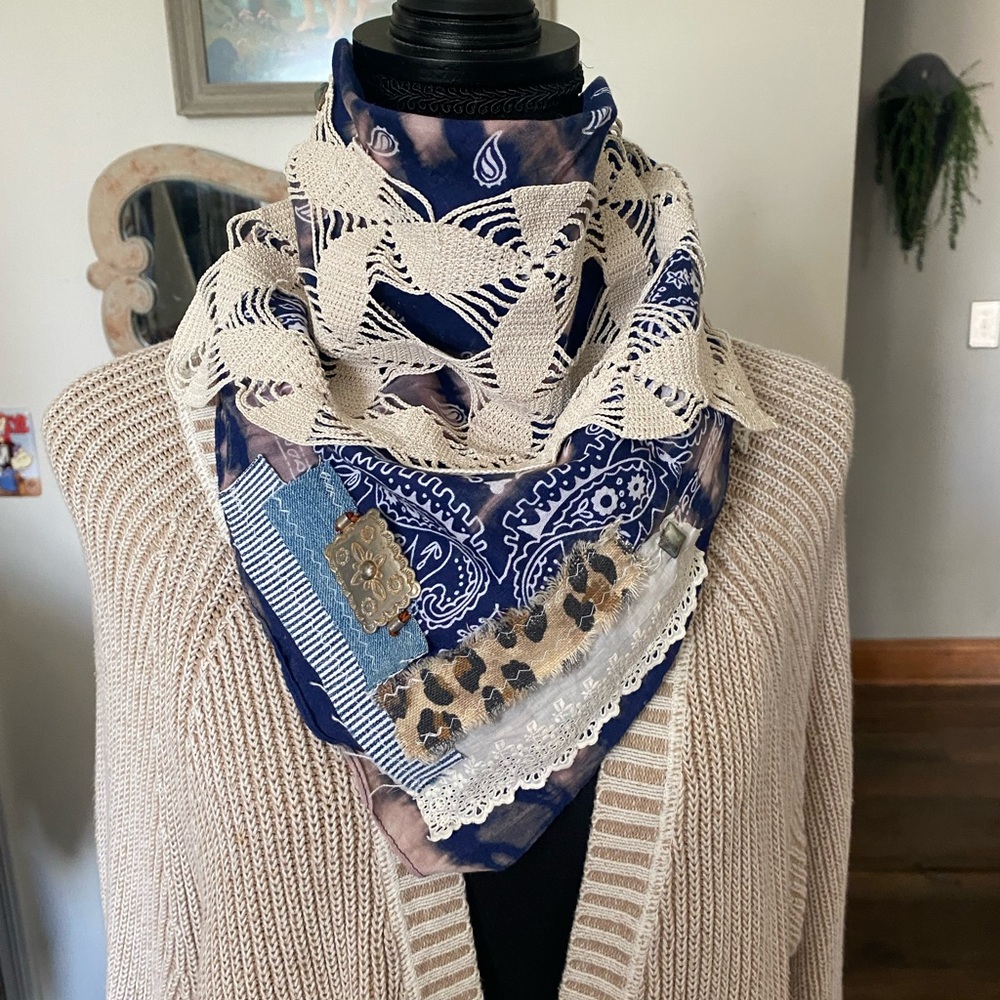 Boho Patchwork Scarf in Blue and Cream Tie Dye Vintage Crochet Western